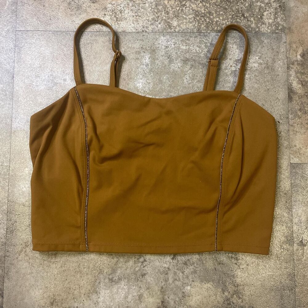 joylab camel colored cropped workout cami top with copper glitter stripes medium